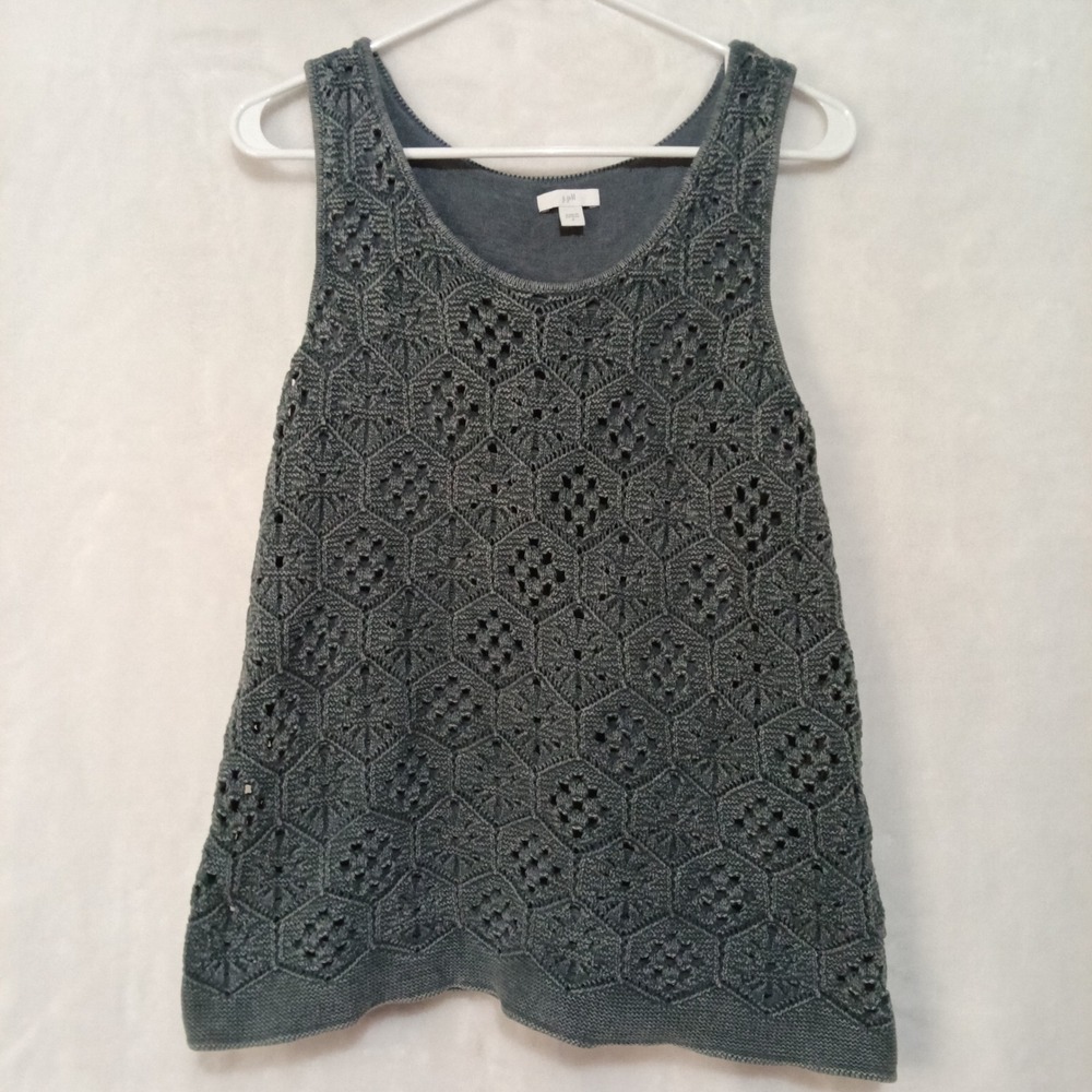 J Jill Blue Gray Crochet Honeycomb Knit Tank Top Small Cotton Rayon Lined
